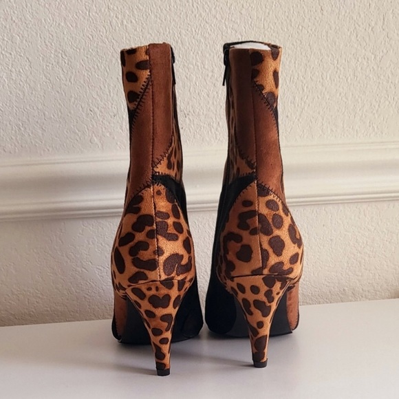 Comfort Black Brown Animal Patchwork Print Ankle Pointed Toe Bootie Boots New - Picture 6 of 10